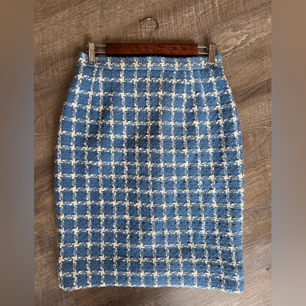 Valentino Vintage Tweed Blue & White Checkered Pencil Skirt - Size Medium